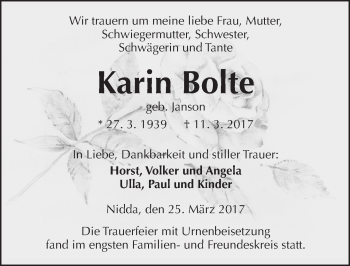 Traueranzeige von Karin Bolte von  Kreisanzeiger