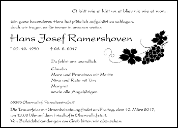 Traueranzeige von Hans Josef Ramershoven von Trauerportal Rhein Main Presse