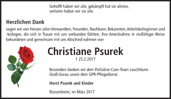 Traueranzeige von Christiane Psurek von Trauerportal Rhein Main Presse