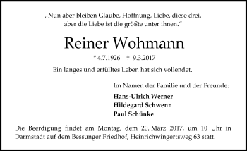 Traueranzeige von Reiner Wohmann von Trauerportal Echo Online