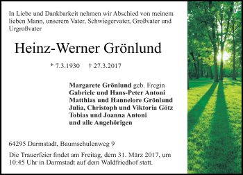 Traueranzeige von Heinz-Werner Grönlund von Trauerportal Echo Online
