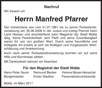 Traueranzeige von Manfred Pfarrer von  Kreisanzeiger