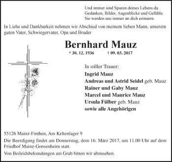 Traueranzeige von Bernhard Mauz von Trauerportal Rhein Main Presse