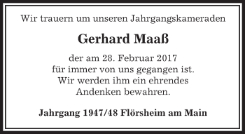 Traueranzeige von Gerhard Maaß von Trauerportal Rhein Main Presse