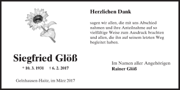 Traueranzeige von Siegfried Glöß von  Gelnhäuser Tageblatt