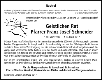 Traueranzeige von Franz Josef Schneider von  Gießener Anzeiger