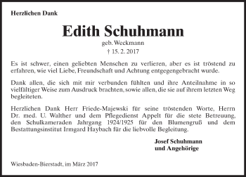 Traueranzeige von Edith Schuhmann von Trauerportal Rhein Main Presse Traueranzeige von Edith Schuhmann von Trauerportal Rhein Main Presse