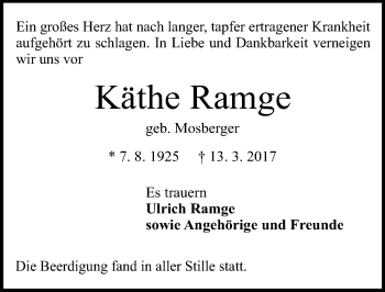 Traueranzeige von Käthe Ramge von Trauerportal Echo Online