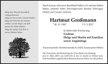 Traueranzeige von Hartmut Großmann von Trauerportal Rhein Main Presse