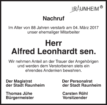 Traueranzeige von Alfred Leonhardt von Trauerportal Rhein Main Presse