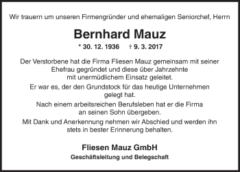 Traueranzeige von Bernhard Mauz von Trauerportal Rhein Main Presse