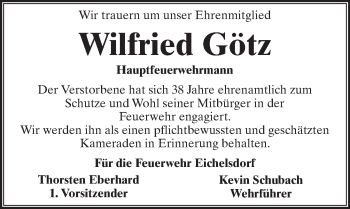 Traueranzeige von Wilfried Götz von  Kreisanzeiger