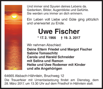 Traueranzeige von Uwe Fischer von Trauerportal Echo Online