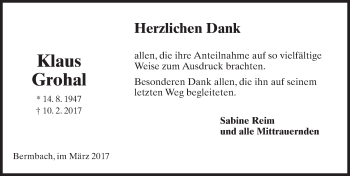 Traueranzeige von Klaus Grohal von Trauerportal Rhein Main Presse