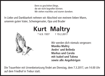 Traueranzeige von Kurt Maltry von Trauerportal Echo Online
