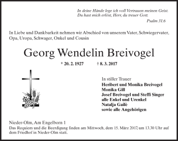 Traueranzeige von Georg Wendelin Breivogel von Trauerportal Rhein Main Presse