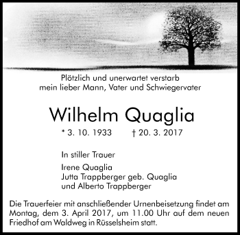 Traueranzeige von Wilhelm Quaglia von Trauerportal Rhein Main Presse