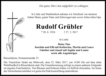 Traueranzeige von Rudolf Grübler von Trauerportal Rhein Main Presse