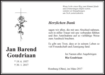 Traueranzeige von Jan Barend Goudriaan von VRM Trauer