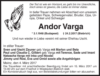 Traueranzeige von Andor Varga von Trauerportal Rhein Main Presse