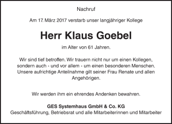 Traueranzeige von Klaus Goebel von Trauerportal Rhein Main Presse