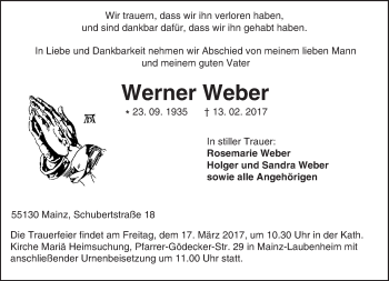 Traueranzeige von Werner Weber von Trauerportal Rhein Main Presse