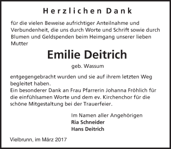 Traueranzeige von Emilie Deitrich von Trauerportal Echo Online