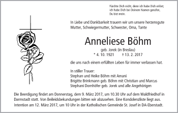 Traueranzeige von Anneliese Böhm von Trauerportal Echo Online