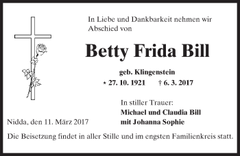 Traueranzeige von Betty Frida Bill von  Kreisanzeiger