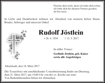 Traueranzeige von Rudolf Jöstlein von  Kreisanzeiger