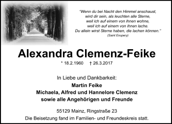 Traueranzeige von Alexandra Clemenz-Feike von Trauerportal Rhein Main Presse