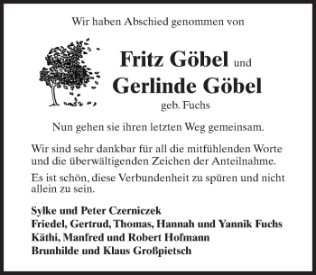 Traueranzeige von Fritz und Gerlinde Göbel von Trauerportal Rhein Main Presse