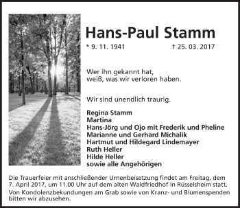 Traueranzeige von Hans-Paul Stamm von Trauerportal Rhein Main Presse