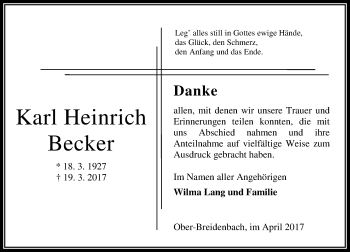 Traueranzeige von Karl Heinrich Becker von VRM Trauer