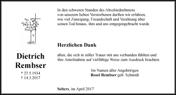 Traueranzeige von Dietrich Rembser von Trauerportal Rhein Main Presse