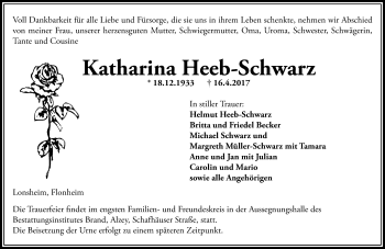 Traueranzeige von Katharina Heeb-Schwarz von Trauerportal Rhein Main Presse