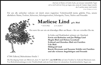 Traueranzeige von Marliese Lind von Trauerportal Rhein Main Presse