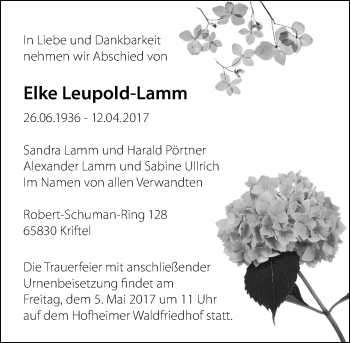 Traueranzeige von Elke Leupold-Lamm von Trauerportal Rhein Main Presse