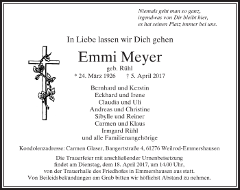 Traueranzeige von Emmi Meyer von  Usinger Anzeiger
