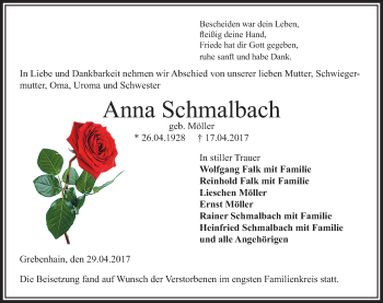 Traueranzeige von Anna Schmalbach von VRM Trauer