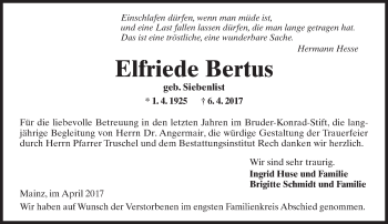 Traueranzeige von Elfriede Bertus von Trauerportal Rhein Main Presse