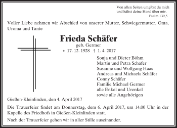 Traueranzeige von Frieda Schäfer von  Gießener Anzeiger