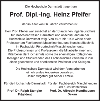 Traueranzeige von Heinz Pfeifer von Trauerportal Echo Online