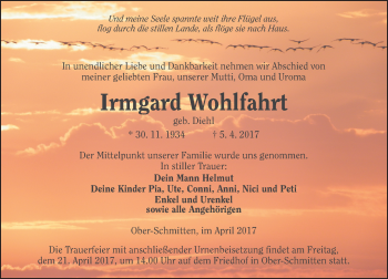 Traueranzeige von Irmgard Wohlfahrt von  Kreisanzeiger