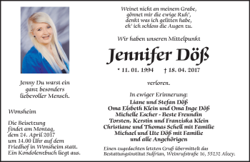 Traueranzeige von Jennifer Döß von Trauerportal Rhein Main Presse