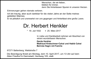 Traueranzeige von Herbert Henkler von Trauerportal Echo Online