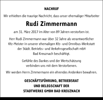 Traueranzeige von Rudi Zimmermann von Trauerportal Rhein Main Presse
