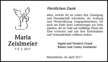 Traueranzeige von Maria Zeislmeier von Trauerportal Rhein Main Presse