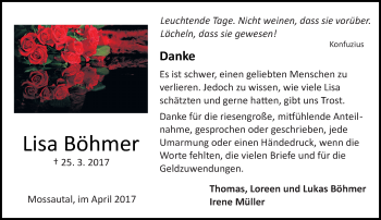 Traueranzeige von Lisa Böhmer von Trauerportal Echo Online