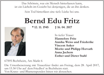 Traueranzeige von Bernd Edu Fritz von Trauerportal Rhein Main Presse